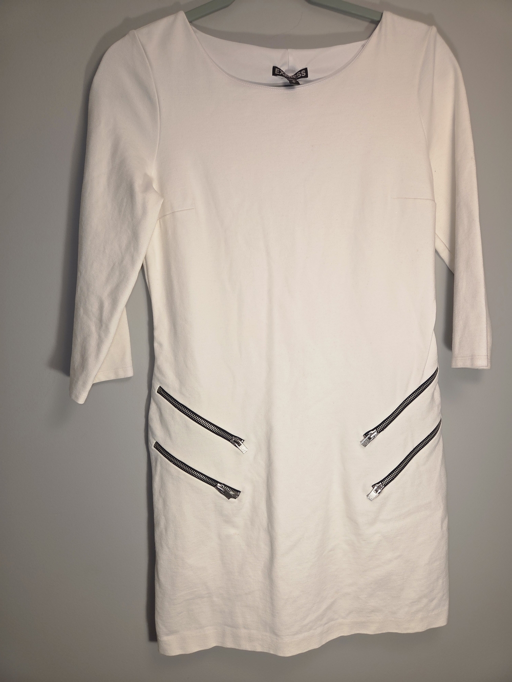 Express White Long-Sleeve Sheath Dress with Black Zip Accents